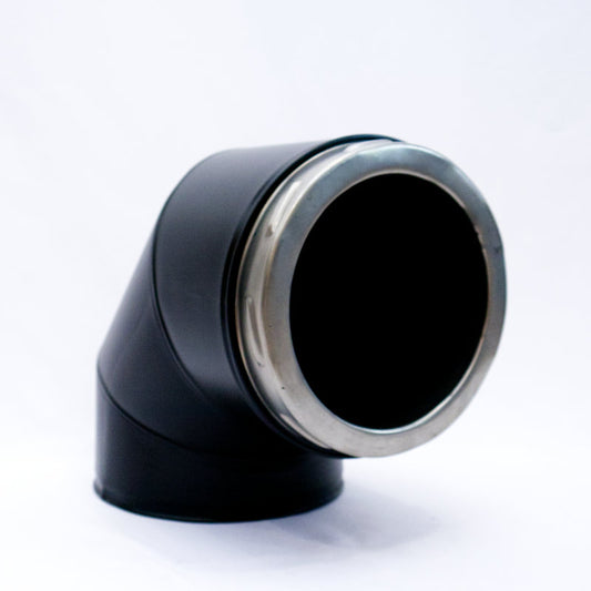 薪ストーブ用200Φ断熱二重煙突90°曲を別の角度から見たアングル